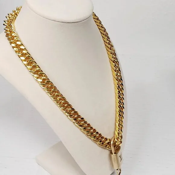 Authentic Louis Vuitton Padlock w/unbranded Cuban Style 18k Gold Plated Chain - Picture 12 of 15